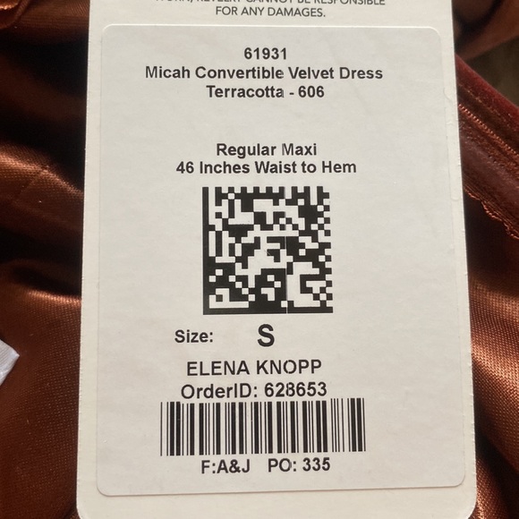 Revelry Micah Convertible Velvet Dress in Terracotta Size Small NWT Bridesmaid - Picture 8 of 8